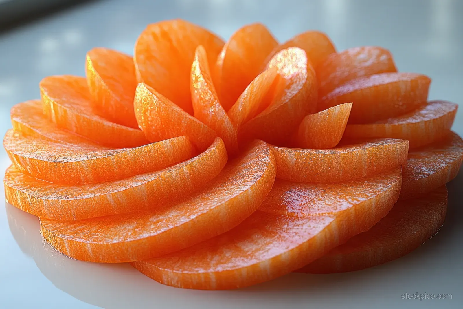 Freshly sliced carrot rings arranged into a flower shape on a white plate.