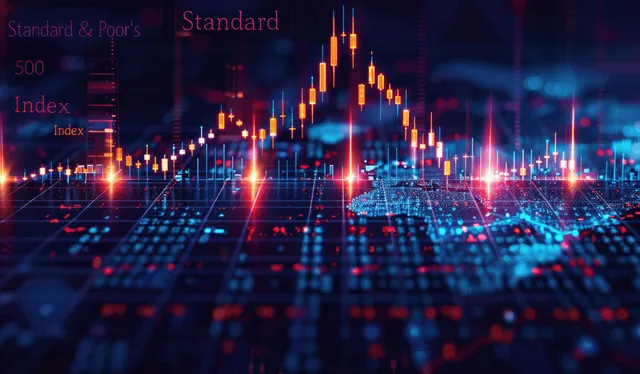 Candlestick trading chart on dark grid with glowing indicators and index data