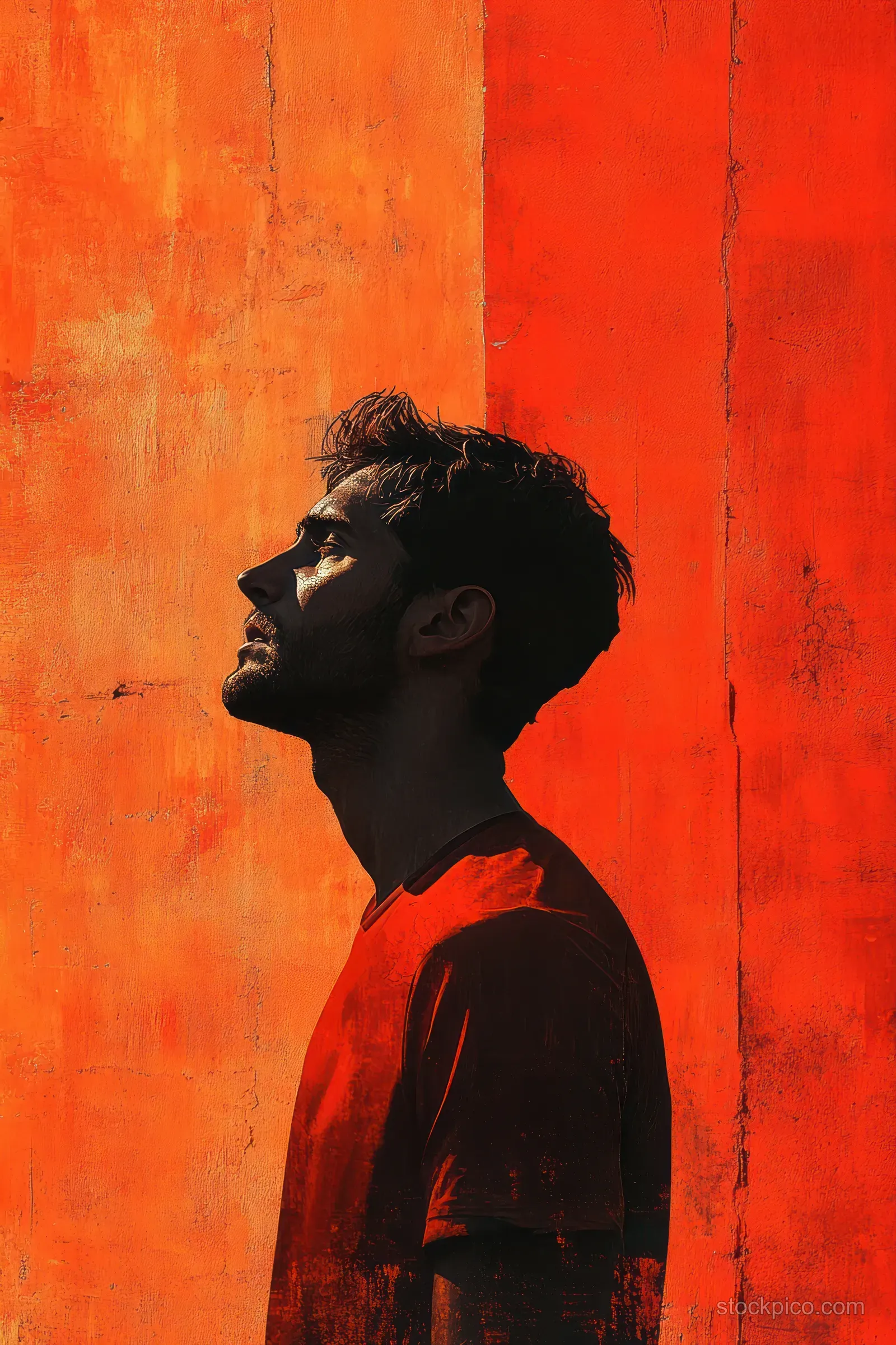 A lone soccer goalkeeper in a bright orange jersey raises an arm in front of a vivid red wall with a strong shadow.