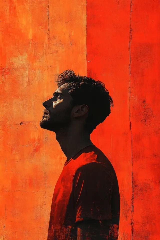 A lone soccer goalkeeper in a bright orange jersey raises an arm in front of a vivid red wall with a strong shadow.