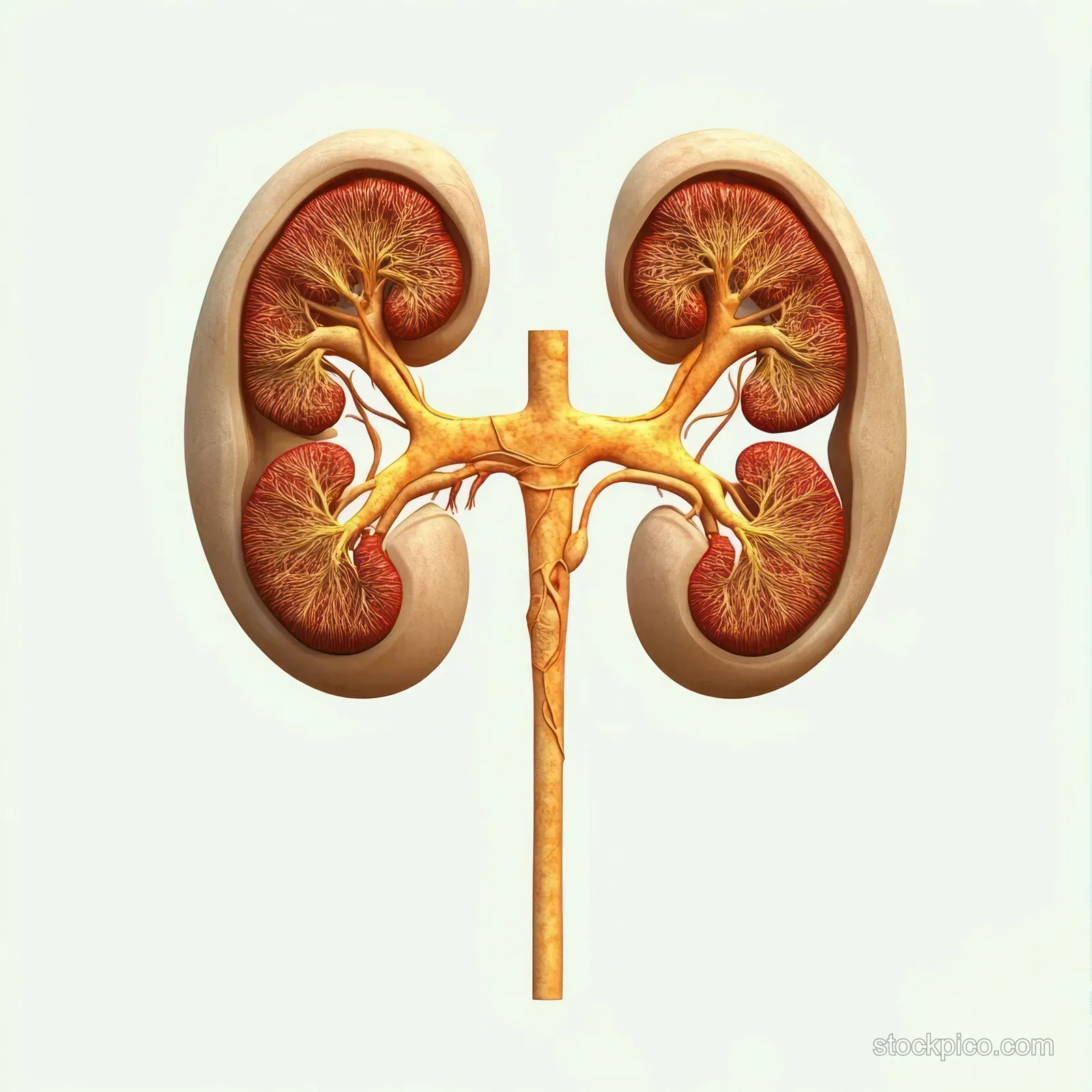 Illustrated human kidneys with renal arteries and veins, showing internal kidney regions on a light background.