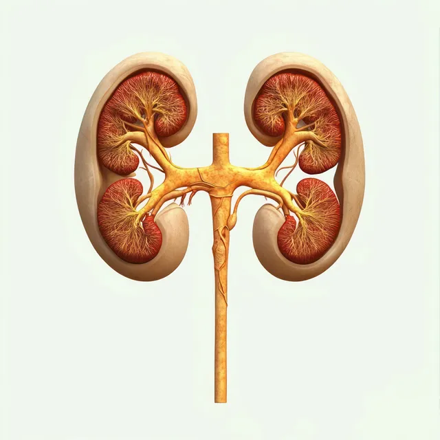Illustrated human kidneys with renal arteries and veins, showing internal kidney regions on a light background.