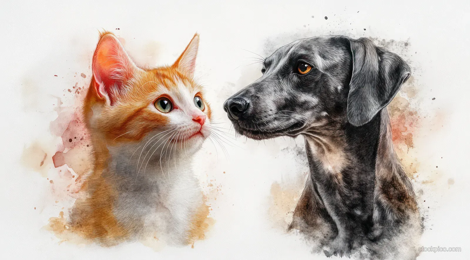 An orange cat and a black dog are shown side by side with faint medical icons in a clinic-themed illustration.