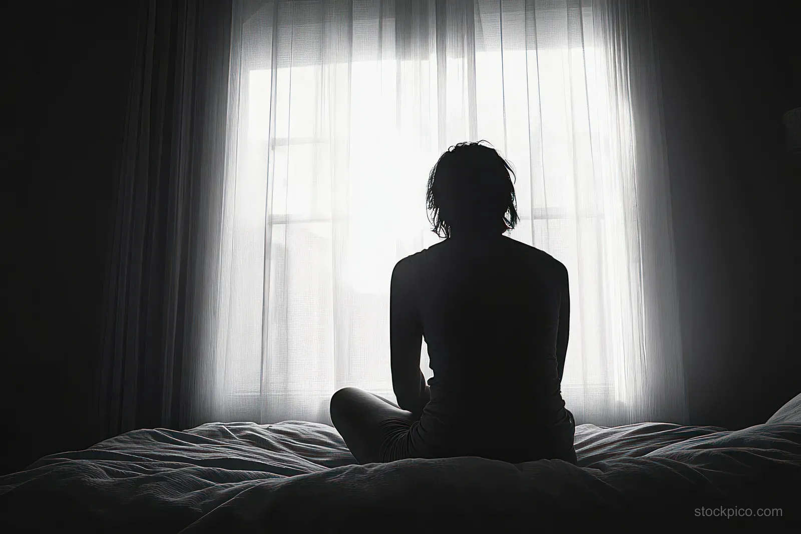 Silhouette of a person sitting alone on a bed facing a bright window with sheer curtains in a dim room.
