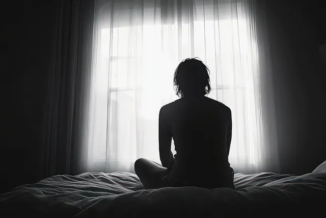 Silhouette of a person sitting on a bed, facing a bright window through sheer curtains