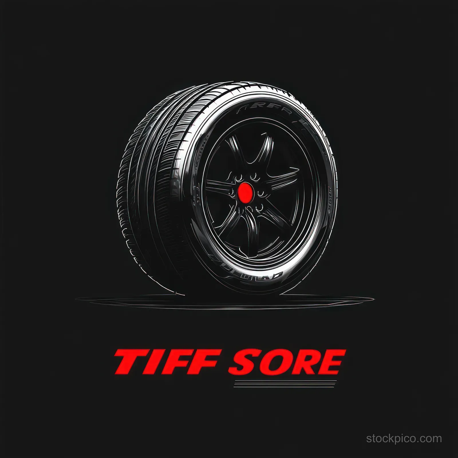 Single black car tire with detailed tread and shiny rim above bold red lettering on a dark background.