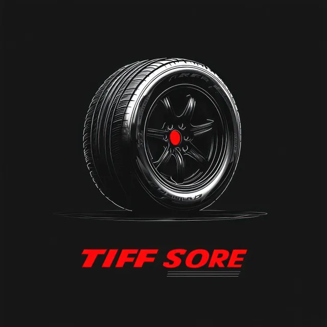 Single black car tire with detailed tread and shiny rim above bold red lettering on a dark background.