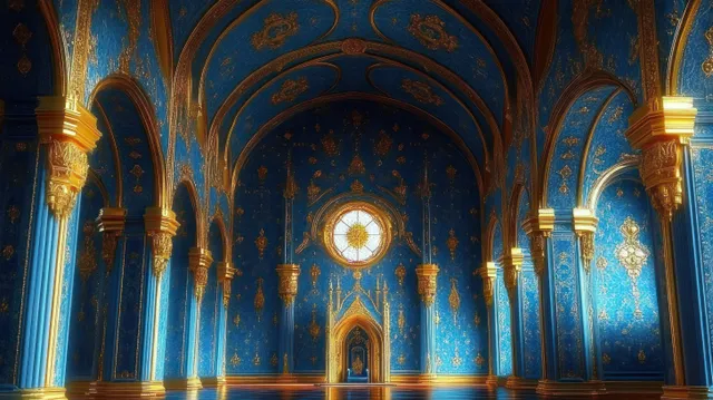 Grand vaulted hall with gold filigree arches and blue walls, illuminated by a circular window