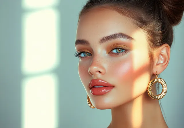 Portrait of a glamorous woman with gold earrings and sleek bun hairstyle in studio light
