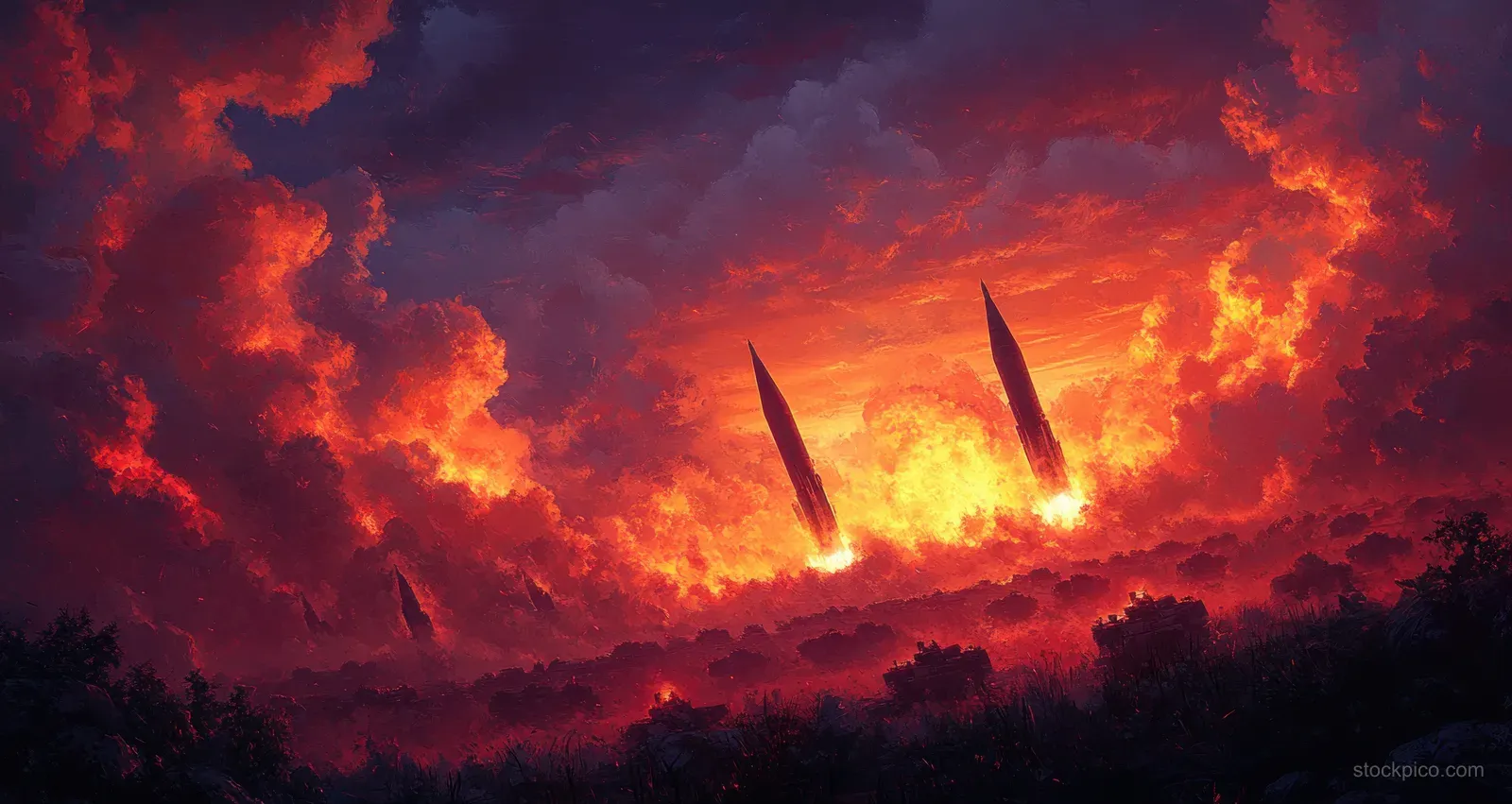 Missile launcher silhouettes fire rockets across a fiery sunset sky filled with smoke and flame trails.