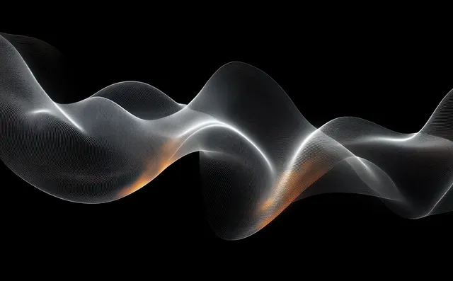 A translucent white wave ribbon undulates across a black background with faint orange glow along the crests.