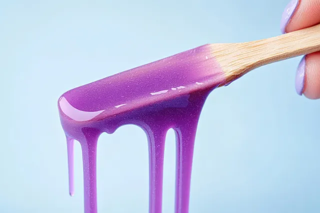 Purple hair removal wax paste dripped from a wooden spatula on a blue backdrop