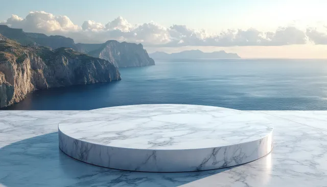 A round marble terrace platform overlooks a calm ocean at sunset, framed by distant cliffs and soft clouds.