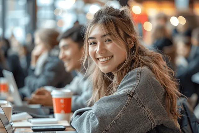 Student at a campus table uses a laptop while other students blur in the background with bokeh lights.