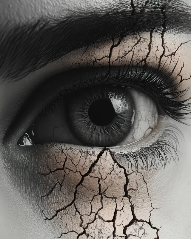 Ojo humano en macro rodeado de textura de piel seca y agrietada alrededor del párpado y las pestañas.