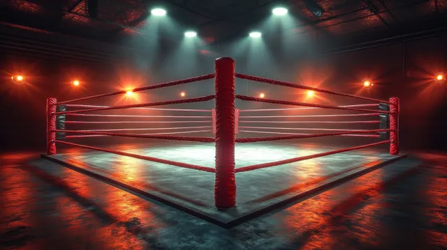 Empty boxing ring in a dark indoor arena illuminated by overhead spotlights and warm ambient lights with red corner posts.