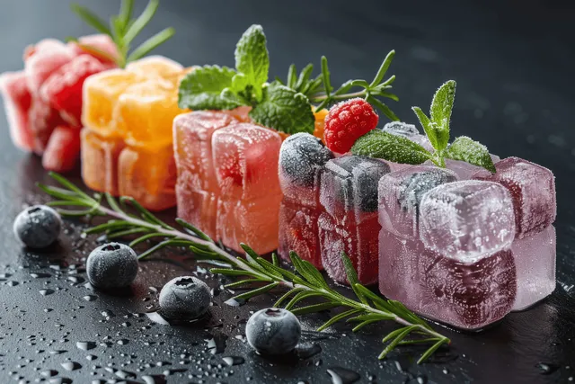 Frozen ice cubes filled with berries and citrus sit on a dark background with mint and rosemary sprigs.