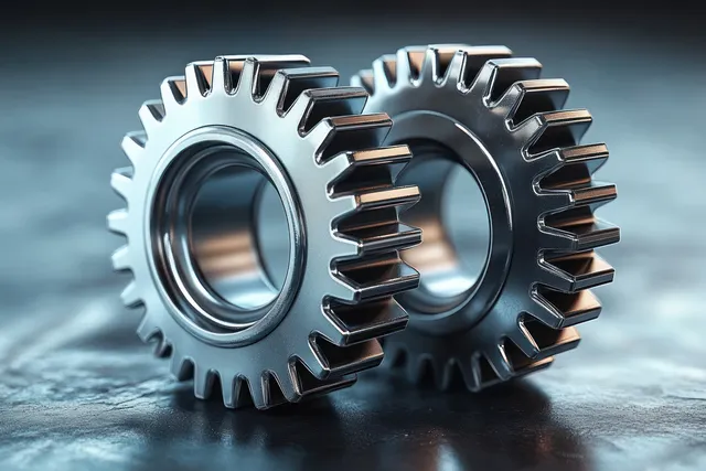 Two interlocking metal gears rest on a reflective surface with visible teeth and polished edges.