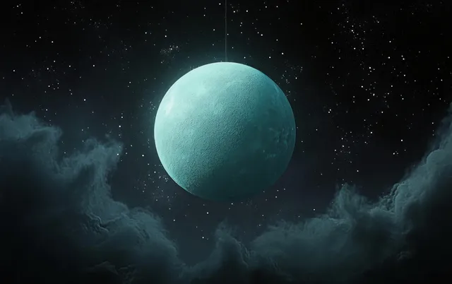 A turquoise planet floats in a dark starry sky with soft nebula clouds around it.