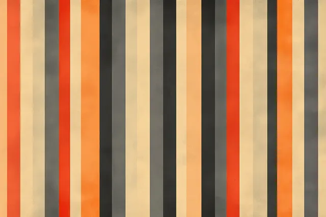 Close-up of vertical stripes alternating orange, beige, gray, black, and red creating a repeating pattern.
