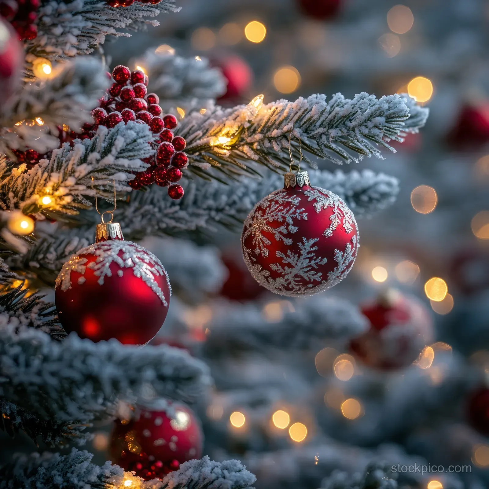 Frosted Christmas pine branch with red baubles and warm glowing bokeh lights behind them.