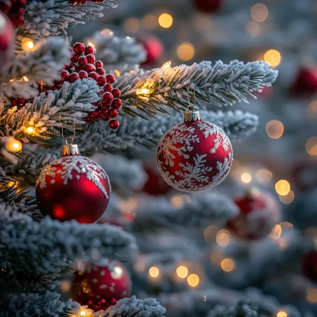 Frosted Christmas pine branch with red baubles and warm glowing bokeh lights behind them.