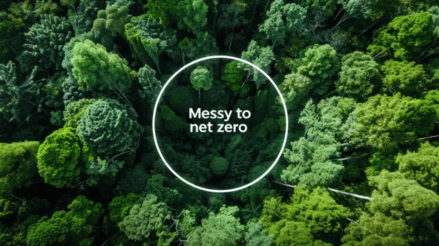 A dense forest canopy with a glowing circular sign reading “Messy to net zero.”