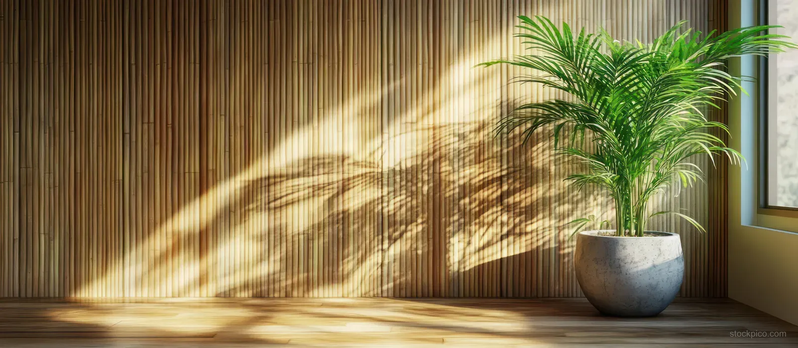 A palm plant in a gray pot casts long shadows on a wooden wall.