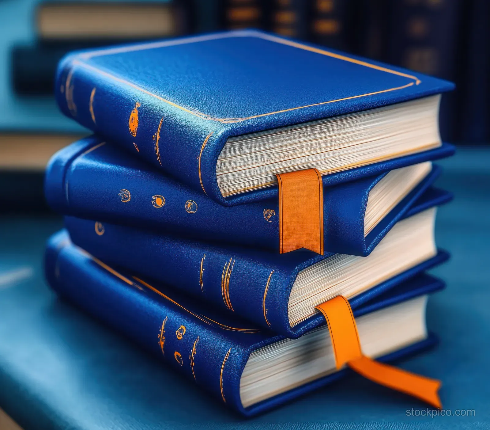 Four stacked blue hardcover books with golden accents and orange ribbon bookmarks on a blue background.