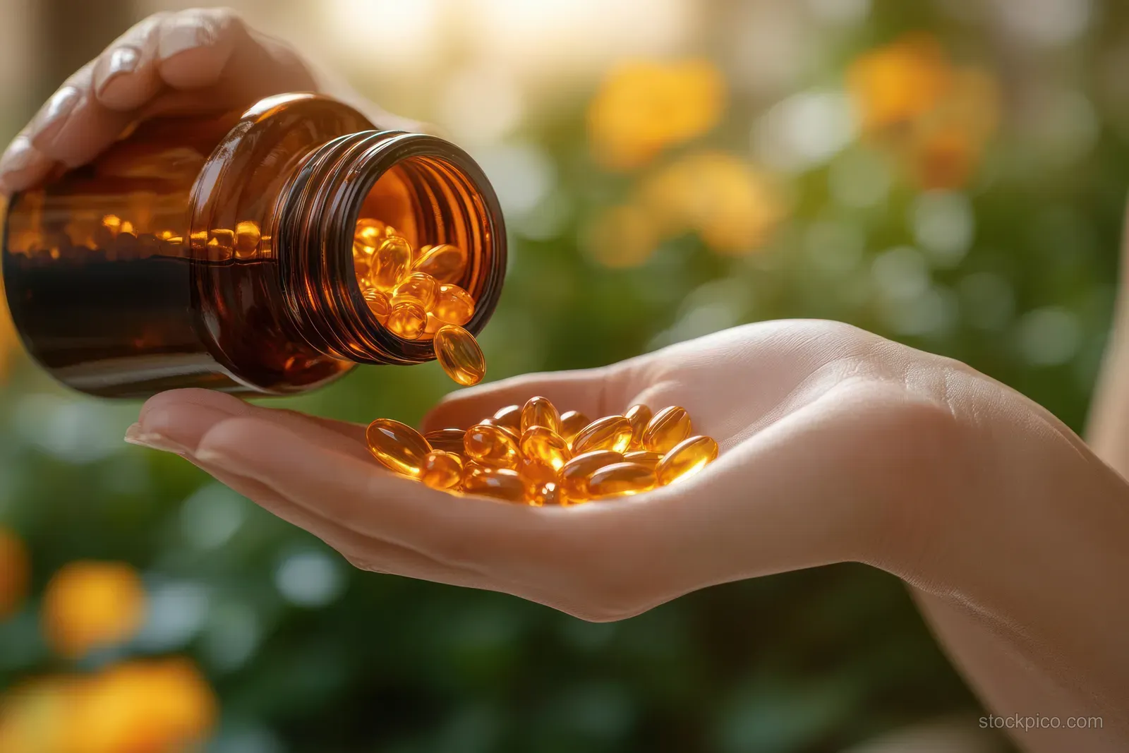 An Asian woman pours amber supplement capsules from a bottle into her open palm at home.