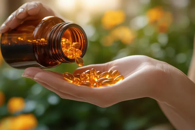 An Asian woman pours amber supplement capsules from a bottle into her open palm at home.
