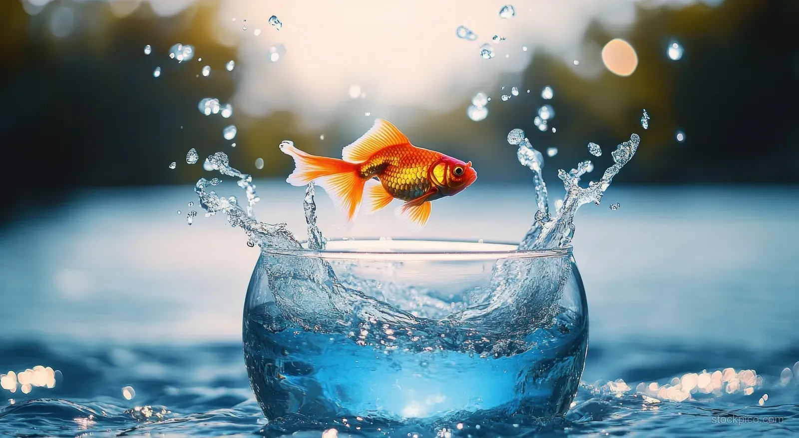 An orange goldfish leaps from a glass aquarium into the sea, splashing water droplets around it.