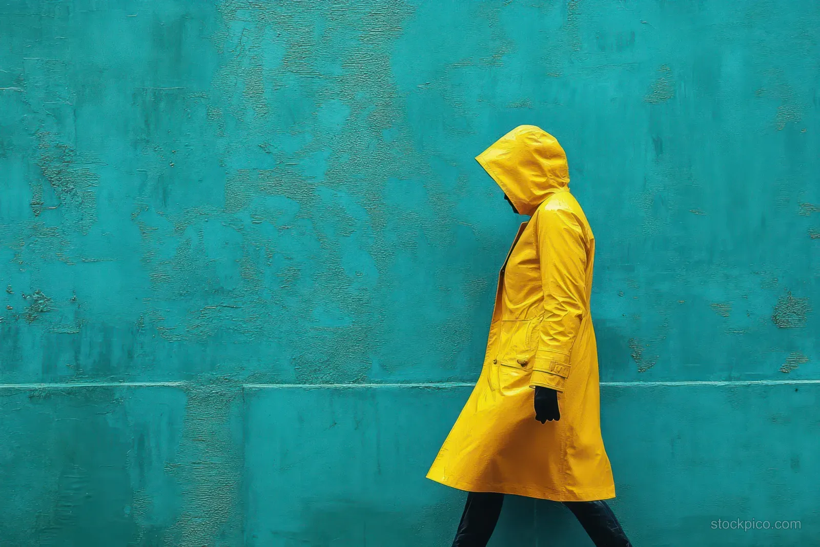 A person in a bright yellow hooded raincoat walks along a textured turquoise wall with their face hidden.
