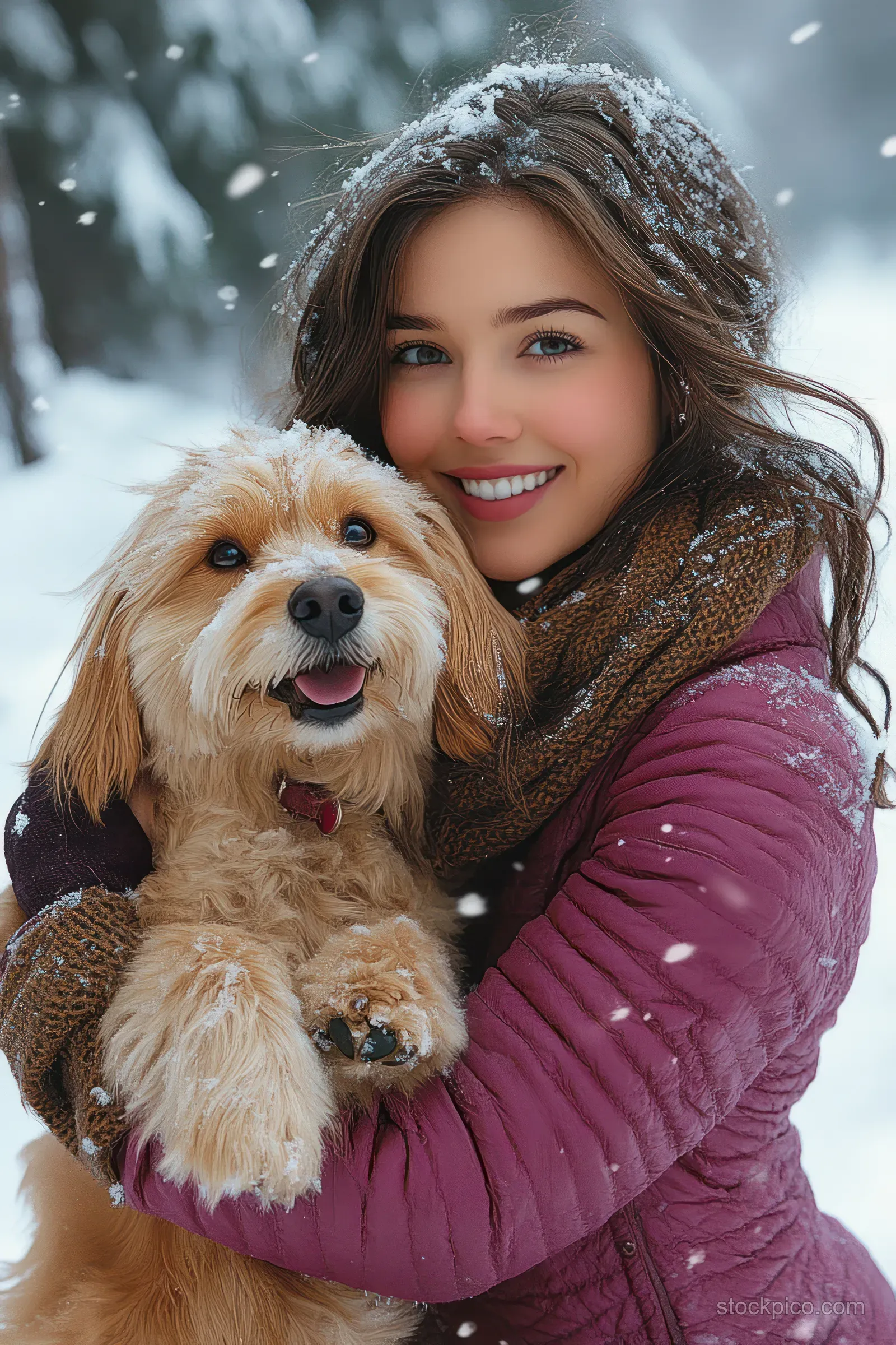A smiling woman in winter coat hugs a fluffy dog while snowflakes fall outdoors.