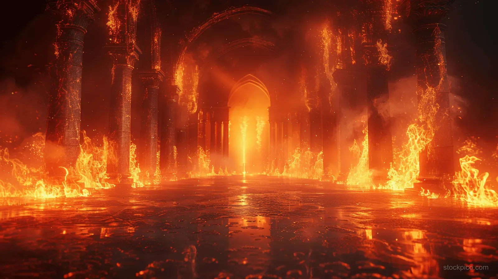 Ultra-realistic interior of an ancient gothic castle with arched doorways, stone columns, and intense flames creating a dark atmosphere.