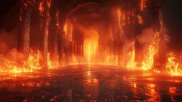 Ultra-realistic interior of an ancient gothic castle with arched doorways, stone columns, and intense flames creating a dark atmosphere.