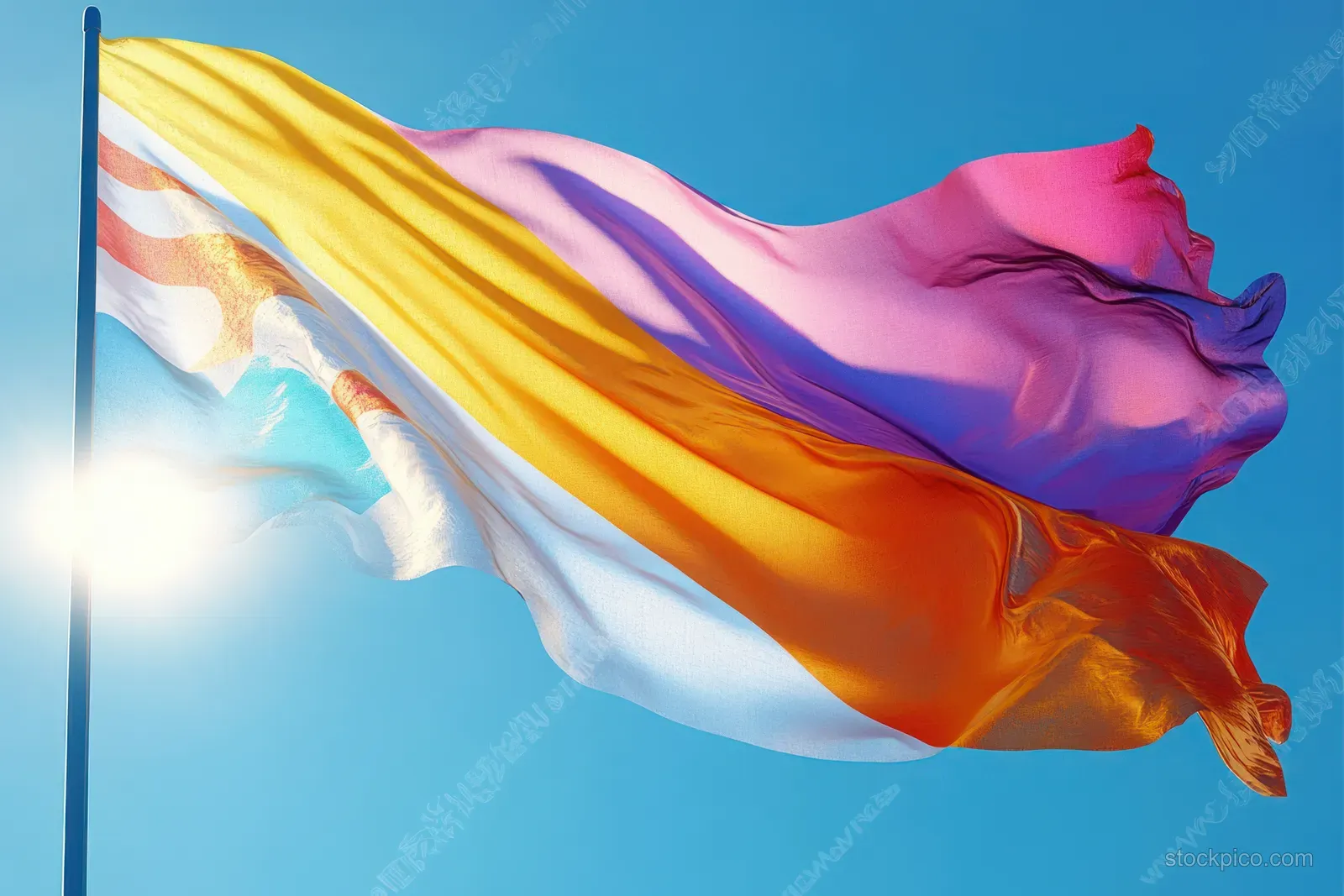 A rainbow pride flag waves diagonally in the wind against a clear blue sky.