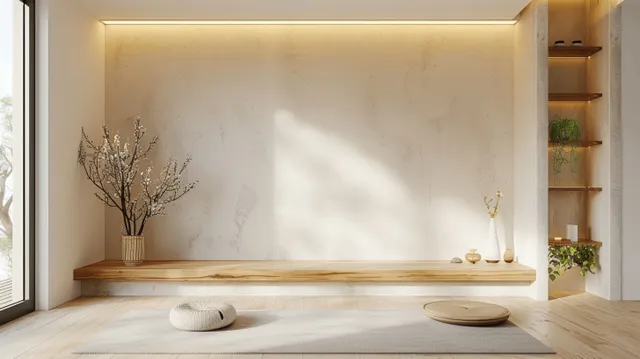 Minimal yoga room interior with beige wall, wooden shelves, and an empty space for TV mockup.