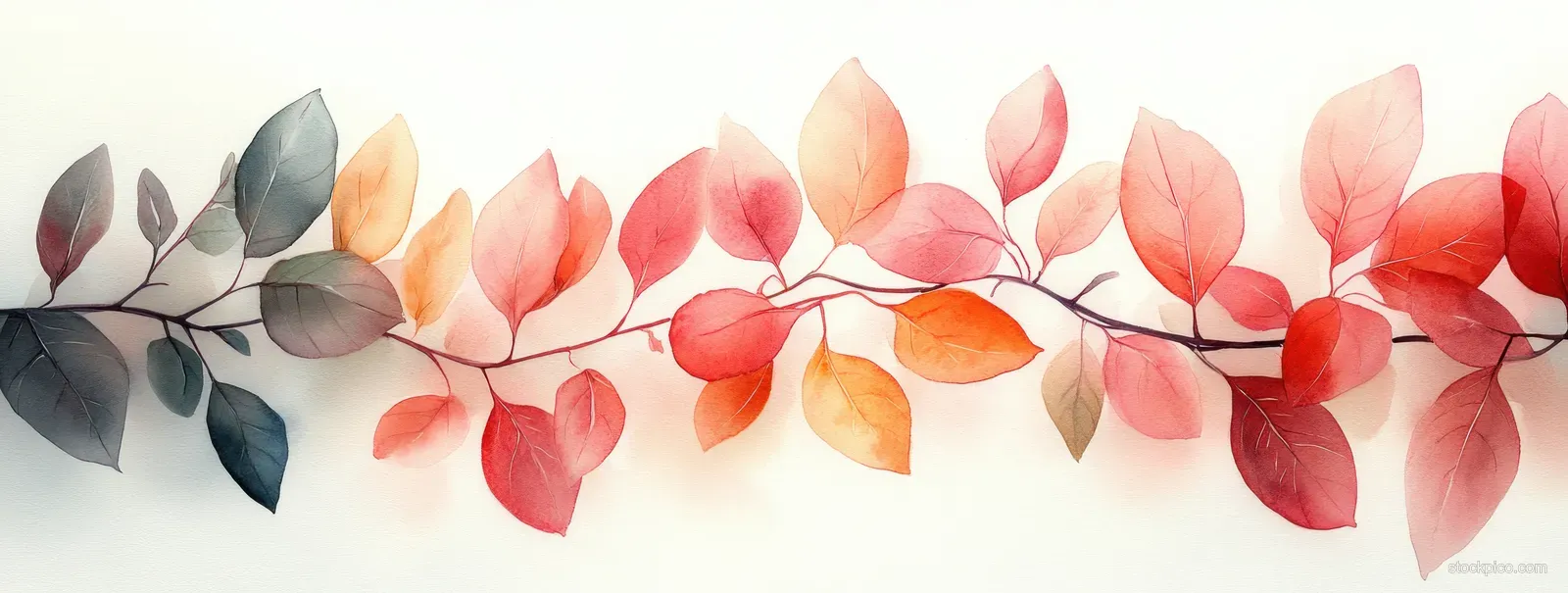 Watercolor garland of green and pink leaves with soft branch stems across a light background.