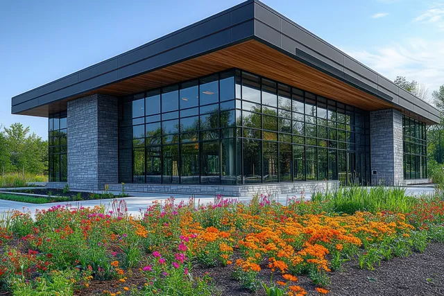 A modern glass building faces a colorful flower garden with orange and pink blooms under a clear blue sky.