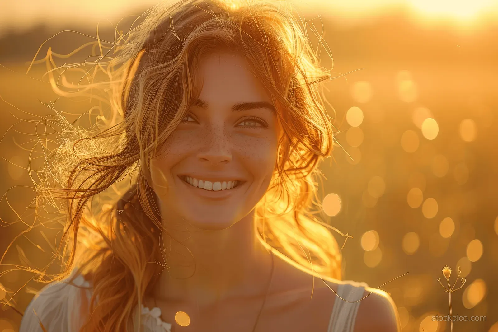 Smiling blonde woman stands in a sunlit field at golden hour.