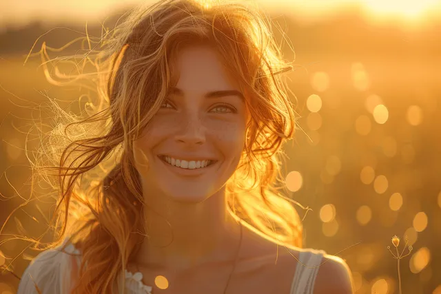 Smiling blonde woman stands in a sunlit field at golden hour.