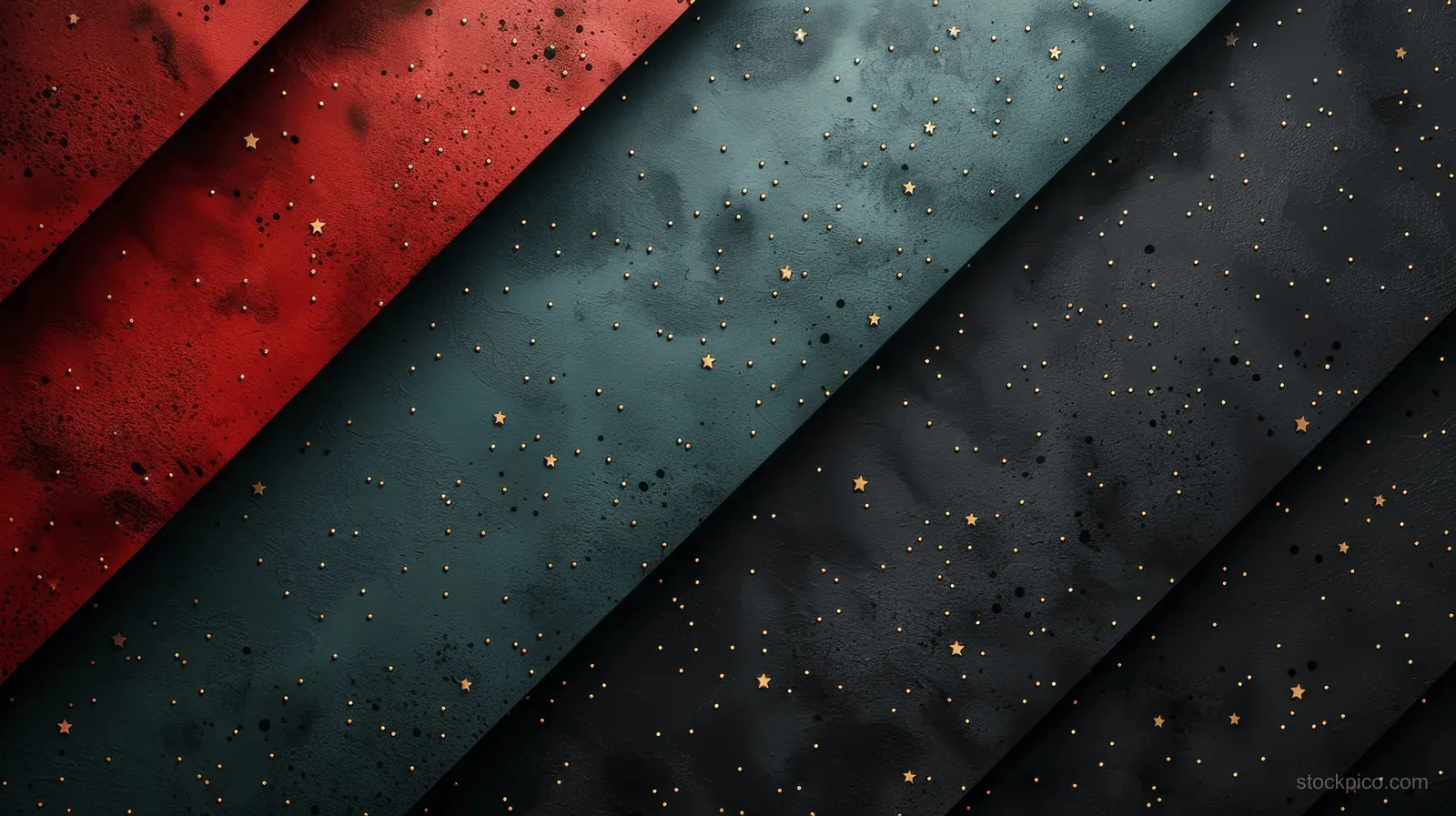 Diagonal dark banner stripes with African flag colors and scattered star-like speckles fill the background.