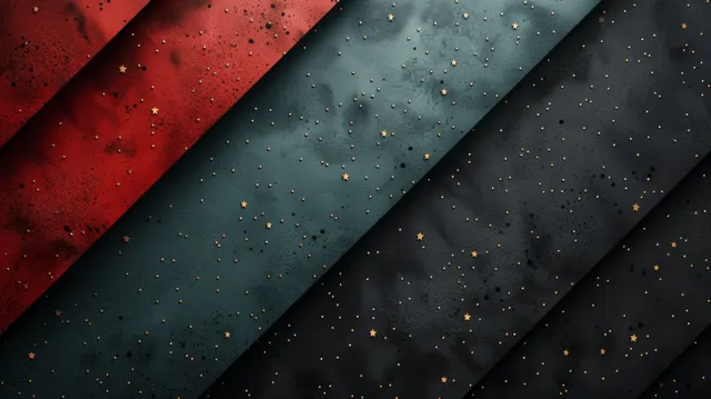 Diagonal dark banner stripes with African flag colors and scattered star-like speckles fill the background.