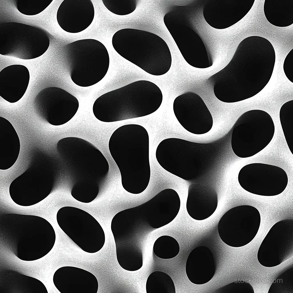 Grayscale porous surface with interconnected irregular holes creating a smooth three-dimensional texture.