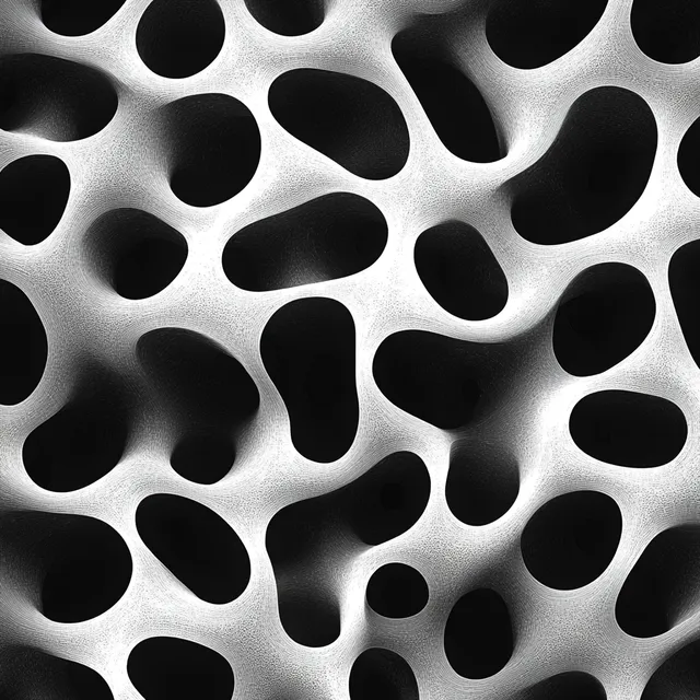 Close-up porous grayscale surface with interconnected irregular holes and soft shadow depth