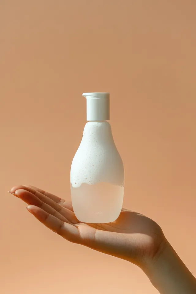 A hand holds a white foam soap dispenser bottle against a warm background.