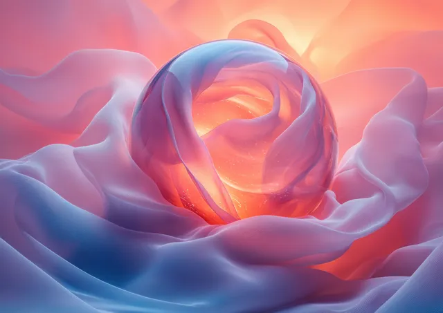 Pastel luminous sphere with flowing ribbons, glowing backlight, abstract futuristic 3D wave