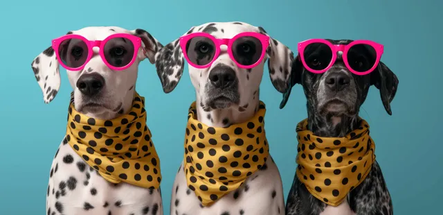 Three dalmatian dogs wearing pink sunglasses and yellow polka-dot scarves pose together on a pastel blue background.
