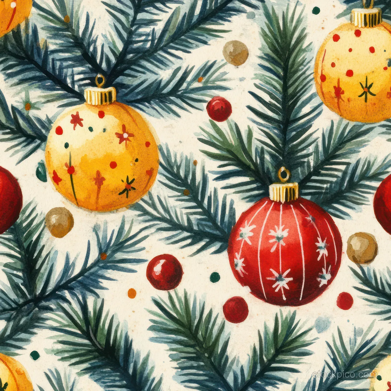 Red and gold Christmas ornaments and baubles float among overlapping pine branches in a watercolor pattern.